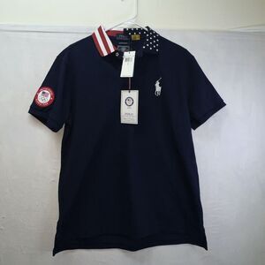 NWT Polo Ralph Lauren USA Olympic Navy Blue Polo Shirt Stars & Stripes Sz L Slim
